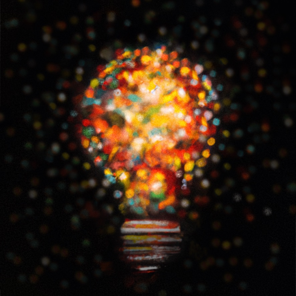 A lightbulb full of soft, glowing, multi-colored confetti bursting out.